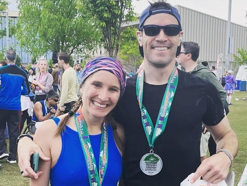 Amber (right) and Zach Williams after the Oklahoma City Memorial Marathon in April 2023. Three days later, Amber had an aortic dissection. (Photo courtesy of Amber Williams)